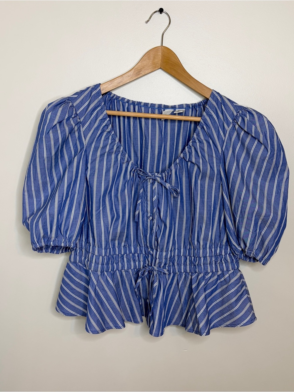 Joie Blue Striped Peplum Tie-Front Top Large